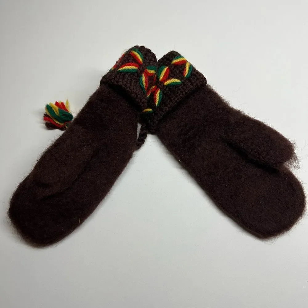 100% Wool Handmade Yellow And Brown Mittens/Gloves size 6 Made in Norway